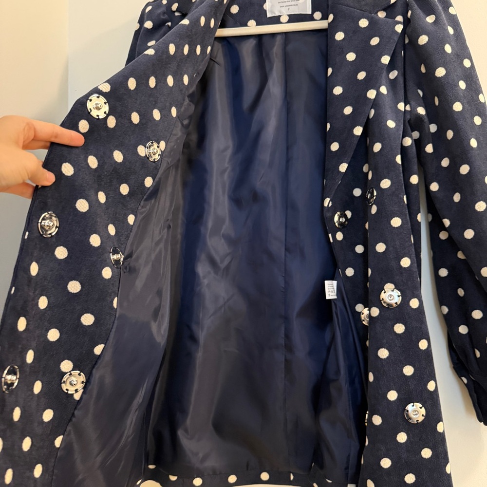 White and Blue Polka Dot Blazer with Puff Sleeves - Picture 9 of 14